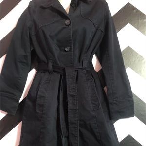 Old Navy Black Trench Coat. Lined w/ Pinstripes